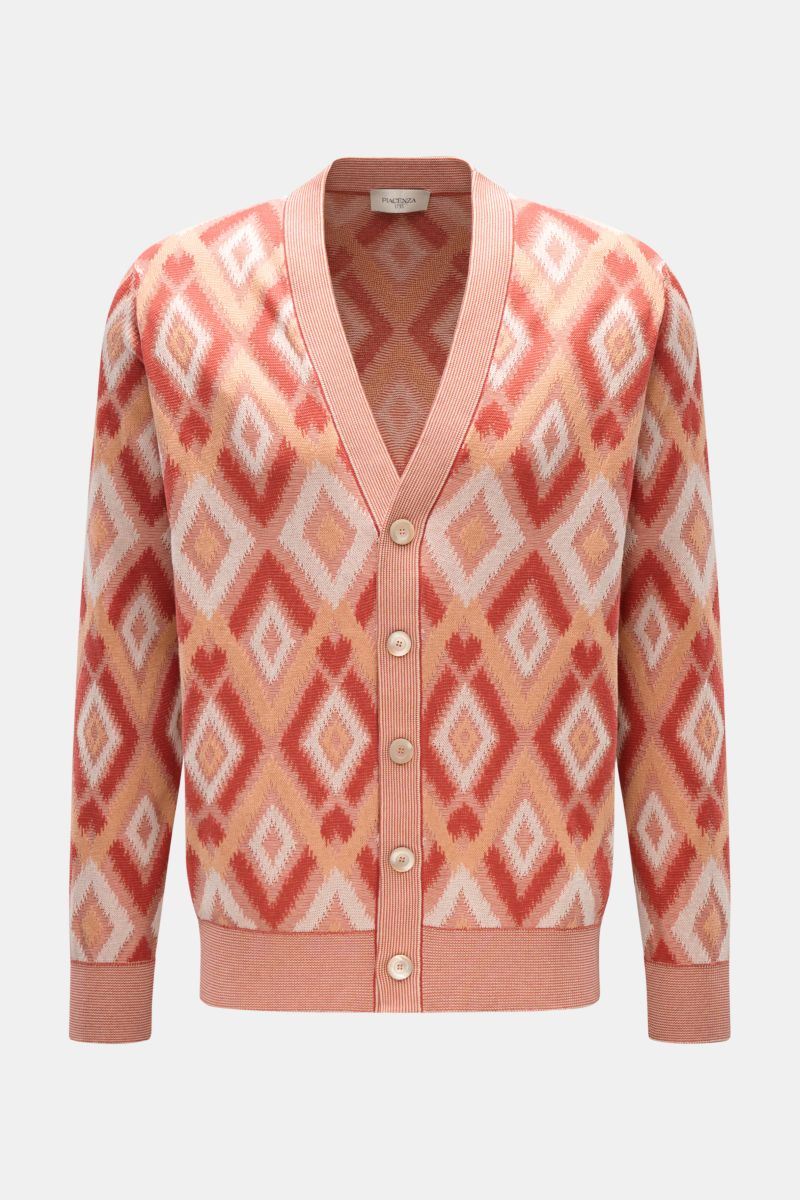 Piacenza 1733 Cardigan rot/apricot/offwhite gemustert, Slim Fit, V-Ausschnitt, Fünf-Knopf-Leiste, luftiges Strickbild, aus Seide und Baumwolle, Frontansicht.