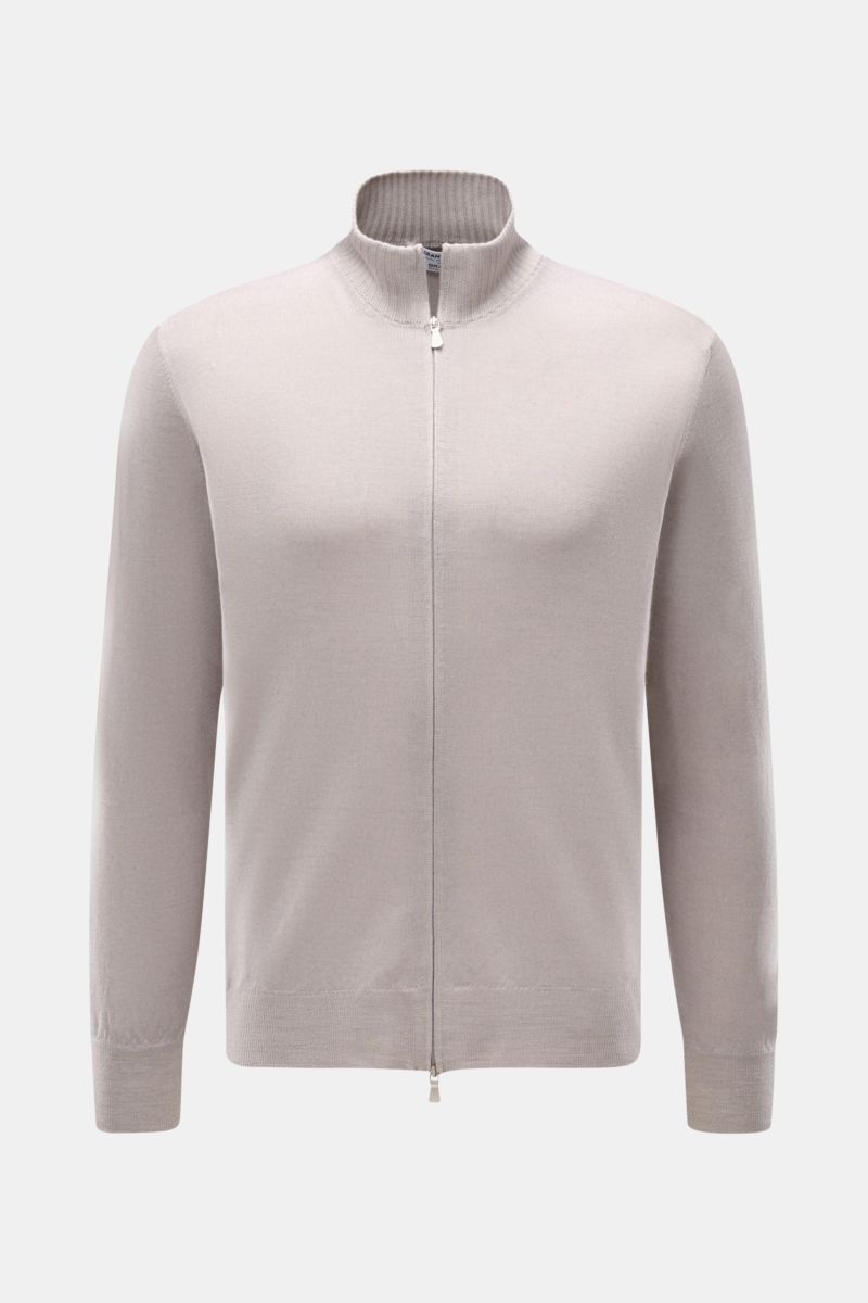 Front view of the Gran Sasso Cardigan light grey mottled, a fine Italian knitwear piece in pure virgin wool with a classic fit. Fine knit, vintage finish, two-way zip, standing collar, and comfortable ribbed bands. Very soft feel, lightweight workmanship,