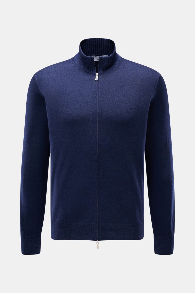 Front view of Gran Sasso Cardigan dark blue mottled in fine Italian knitwear, pure virgin wool, two-way zip, standing collar, ribbed bands.