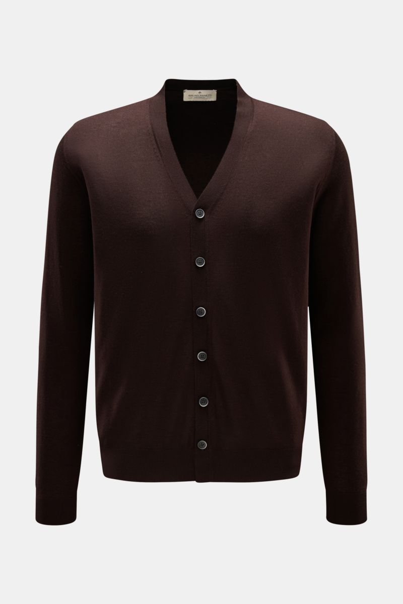 Bruno Manetti Cashmere silk cardigan dark brown, front view, V-neck, six-button placket, fine knit, regular fit, ribbed bands, soft cashmere-silk blend.