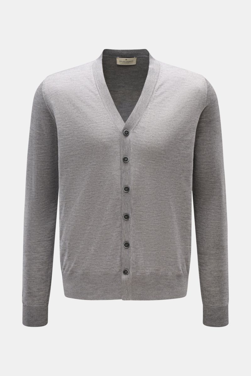 Front view of Bruno Manetti Cashmere-silk cardigan grey mottled, a fine knit with V-neck, six-button placket, ribbed bands, regular fit, soft cashmere and silk blend. Luxury you can feel on your skin: This fine knit cardigan by BRUNO MANETTI has an except