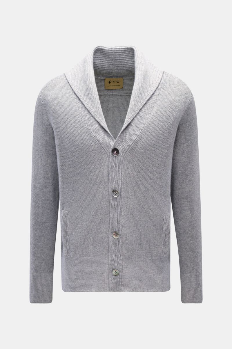 Alt tag (125 characters max):  
Front view of FTC Cardigan grey, a soft cotton and Fair Trade cashmere blend with shawl collar, buttons, and hip pockets.

This luxurious cardigan from sustainable knitwear label FTC is a classic knitted essential made f