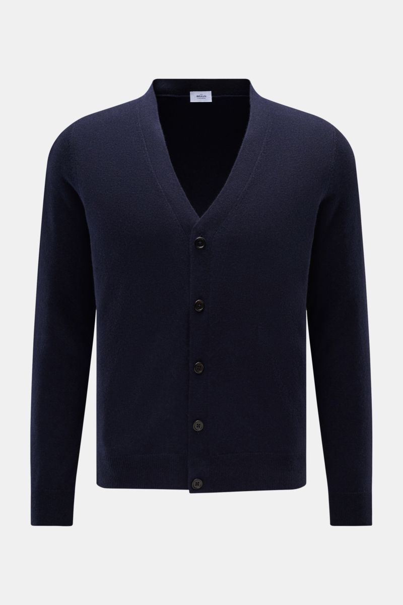 von Braun Cashmere Cardigan navy, Slim Fit, reiner mongolischer Cashmere, feines Strickbild, fünf Knöpfe, elastische Rippbündchen, frontale Perspektive