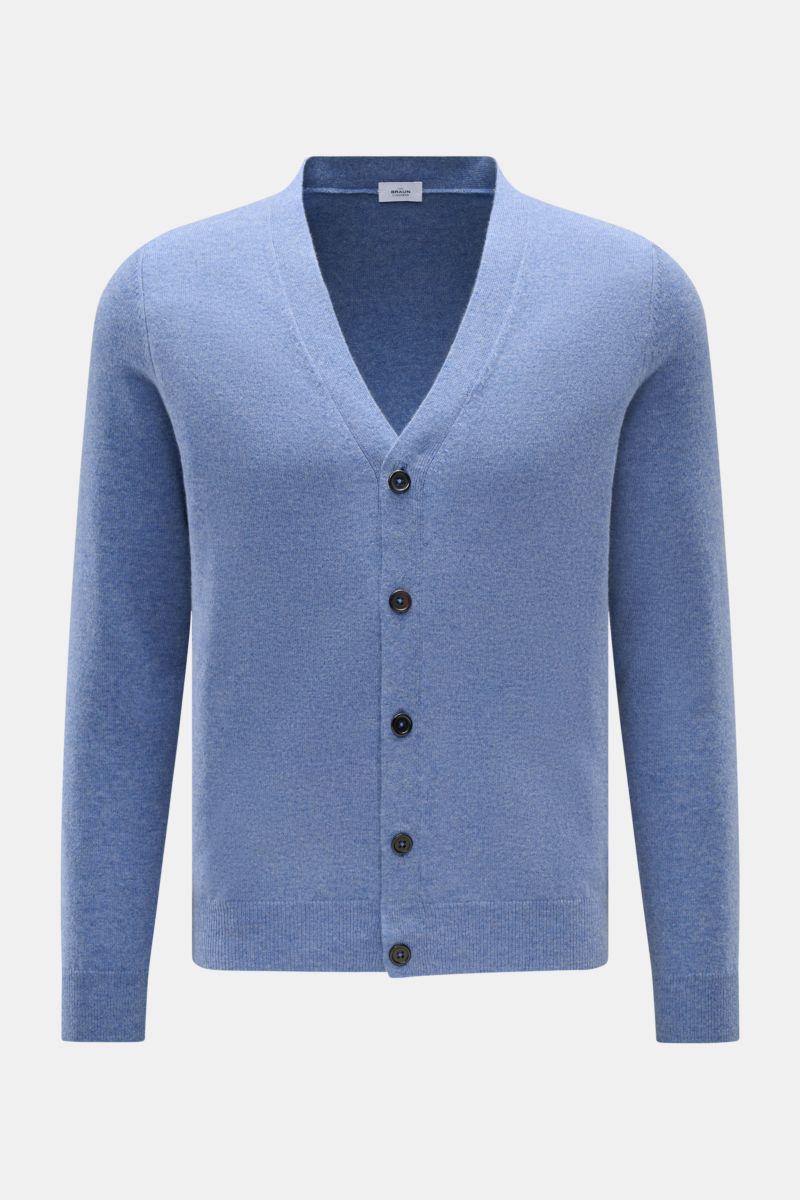 von Braun Cashmere Cardigan blau meliert, Slim Fit, feines Strickbild, Fünf-Knopf-Leiste, elastische Rippbündchen, weicher Griff, Frontansicht