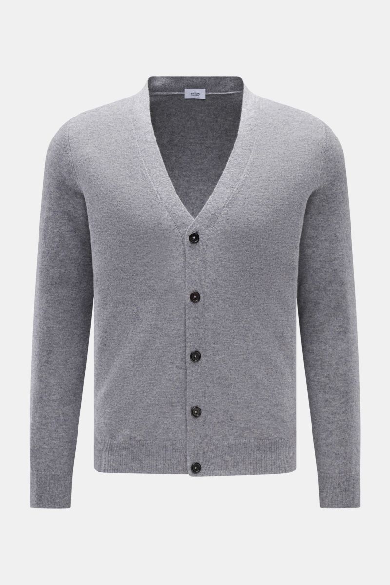 von Braun Cashmere Cardigan grau meliert, Slim Fit, aus weichem mongolischem Cashmere, feines Strickbild, Fünf-Knopf-Leiste, elastische Rippbündchen, Frontansicht.