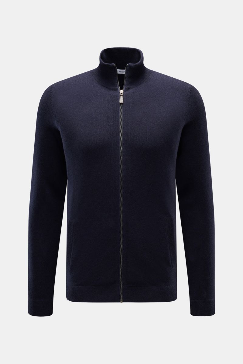 Front view of a von Braun Cashmere cardigan navy, a luxurious Mongolian cashmere zip-up with standing collar, slim fit, slanted hip pockets, fine knit, soft feel, and ribbed bands, perfect for layering on cold autumn and winter days.