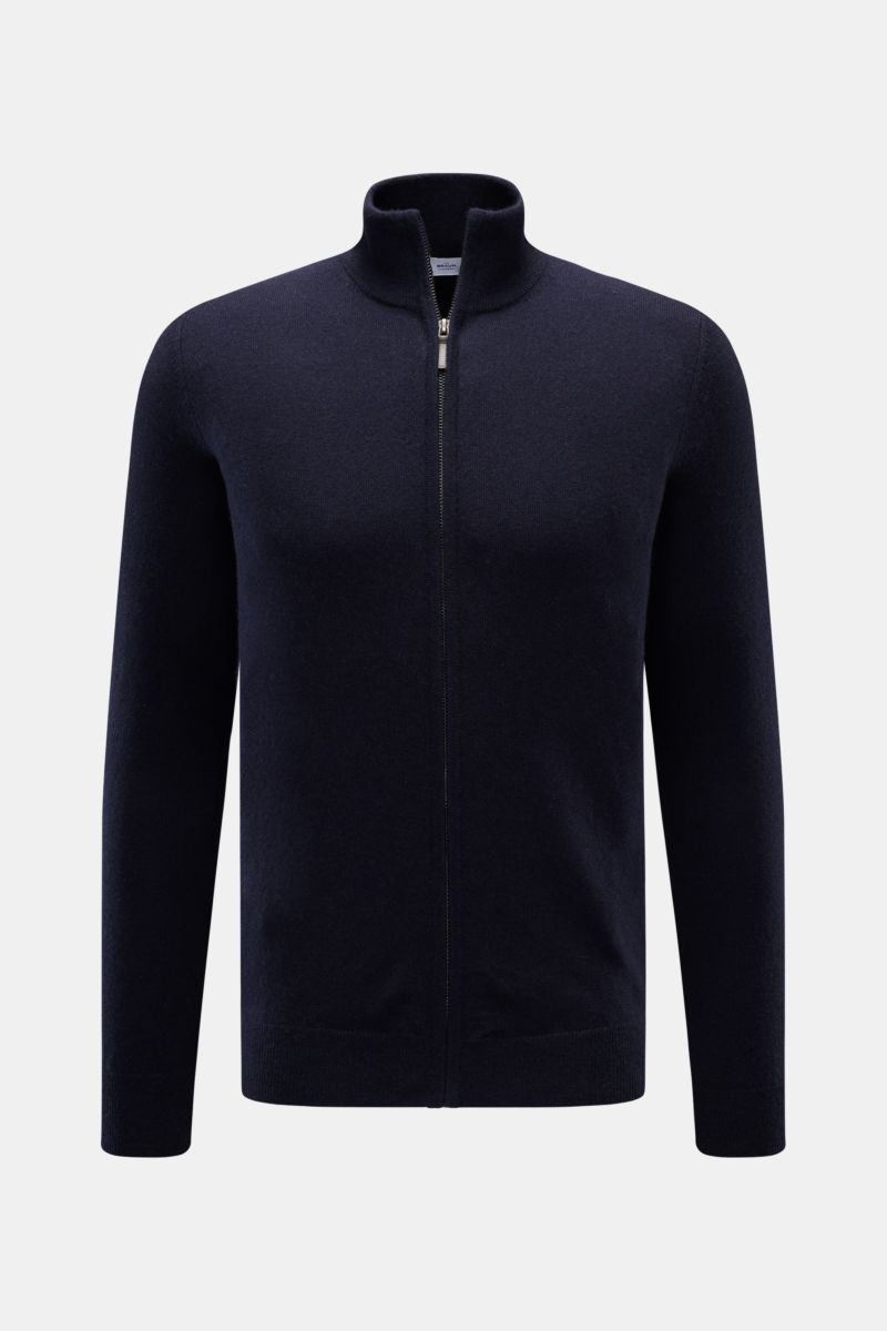von Braun Cashmere Strickjacke navy, Slim Fit, Stehkragen, Reißverschluss, weicher Griff, feines Strickbild, Rippbündchen, Frontansicht, reiner mongolischer Cashmere.