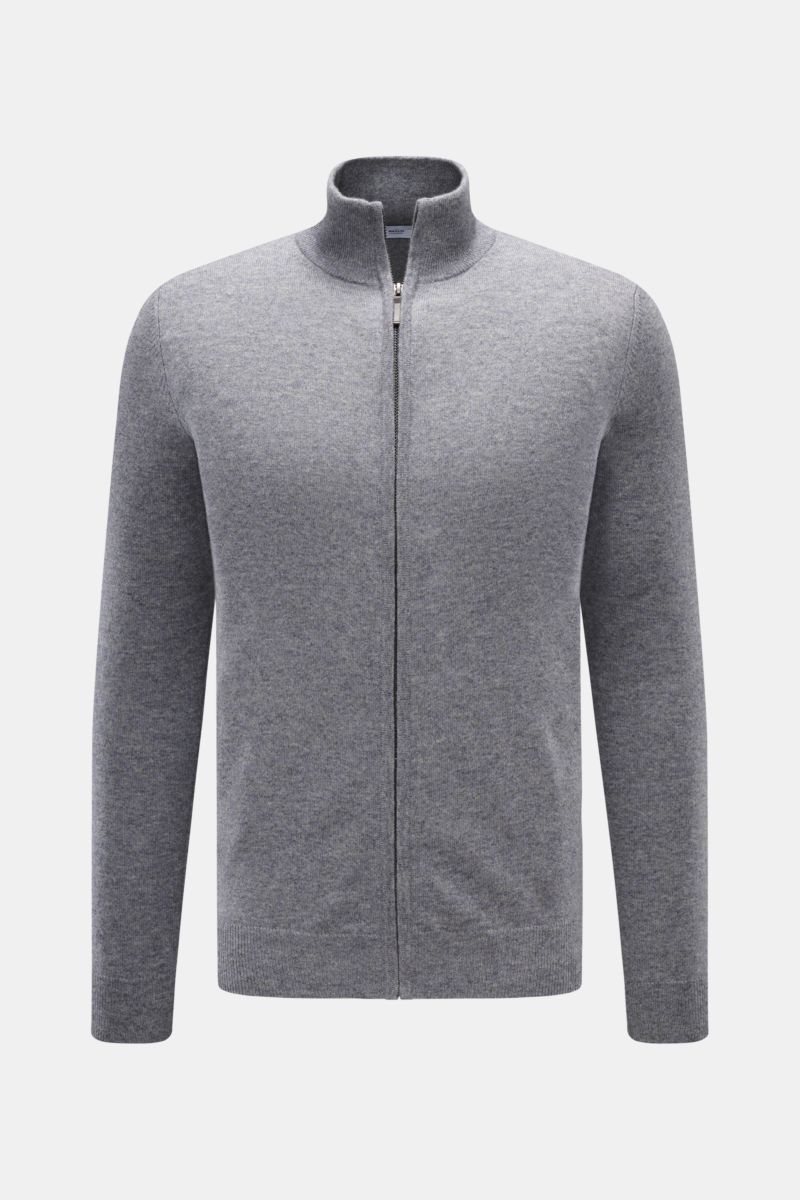 von Braun Cashmere Strickjacke grau meliert in Slim Fit, Frontansicht mit Reißverschluss, Stehkragen, weichem Griff, feinem Strickbild, Rippbündchen, reiner Cashmere.