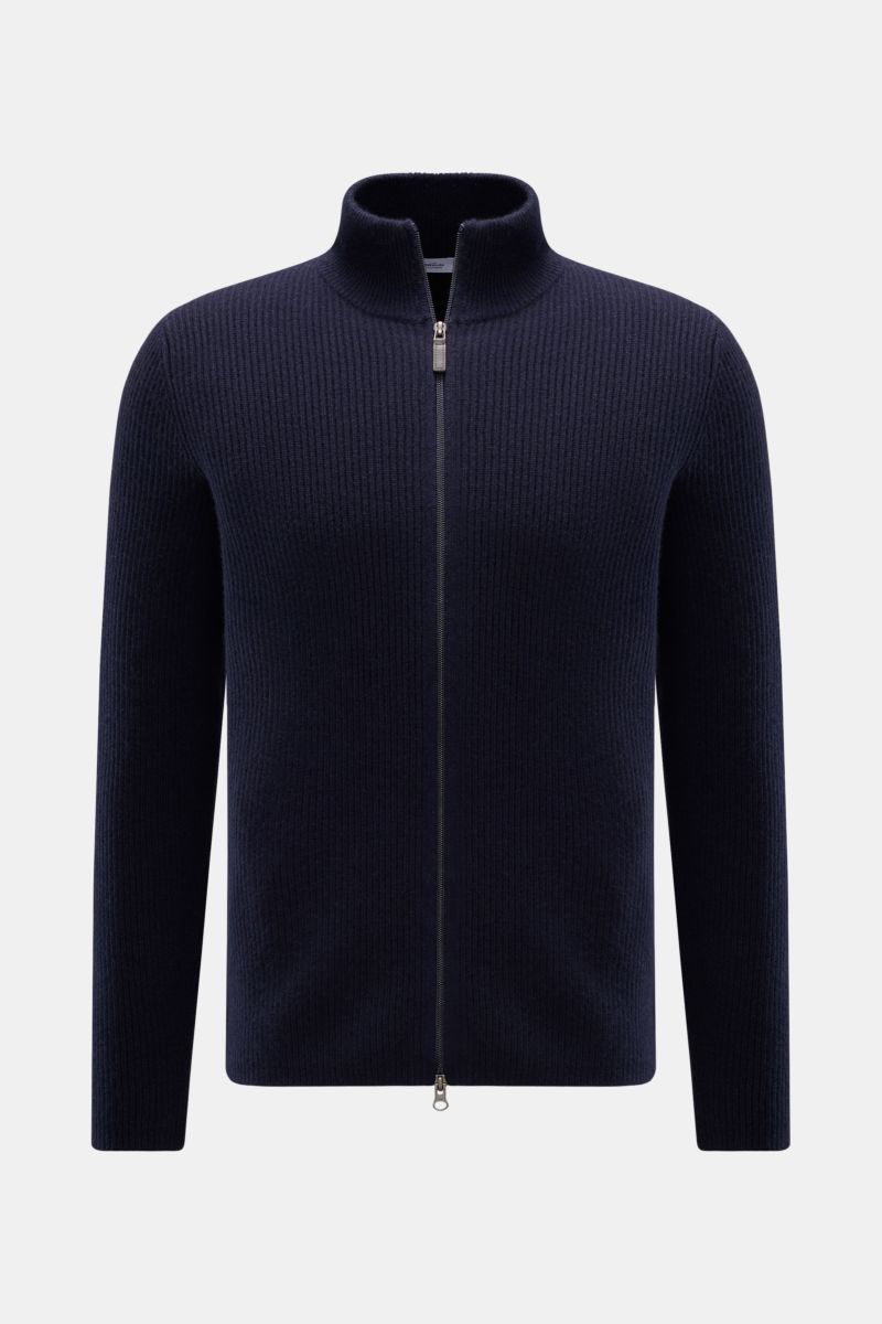 von Braun Cashmere Strickjacke navy in Slim Fit, Patentstrick, hoch geschlossenem Kragen, Zwei-Wege-Reißverschluss, frontal fotografiert.