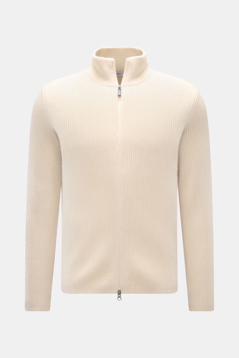 von Braun Cashmere Strickjacke offwhite aus mongolischem Cashmere, Slim Fit, Patentstrick, Zwei-Wege-Reißverschluss, hoch schließender Kragen, frontale Perspektive