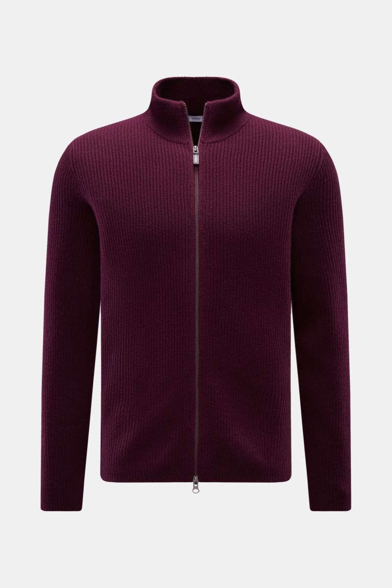 von Braun Cashmere Strickjacke bordeaux in Slim Fit, Frontansicht, hoher Kragen, Zwei-Wege-Reißverschluss, weicher mongolischer Cashmere, Patentstrick, mittelfeines Strickbild, Rippbündchen.