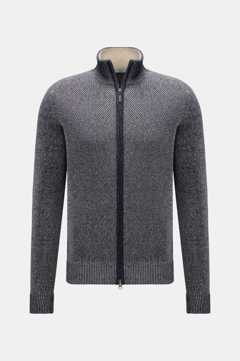 von Braun Cashmere Strickjacke navy meliert, Slim Fit, mittelfeiner Strukturstrick, hoher Kragen, Zwei-Wege-Reißverschluss, Rippbündchen, Frontansicht