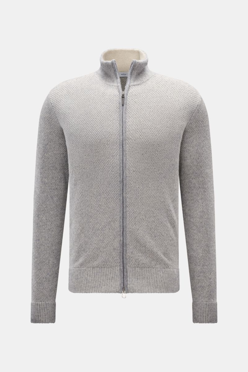 von Braun Cashmere Strickjacke grau meliert, frontale Ansicht, Slim Fit Strukturstrick mit Zwei-Wege-Reißverschluss, hohem Kragen, Rippbündchen, mongolischer Cashmere, weicher Griff, edler Freizeitlook