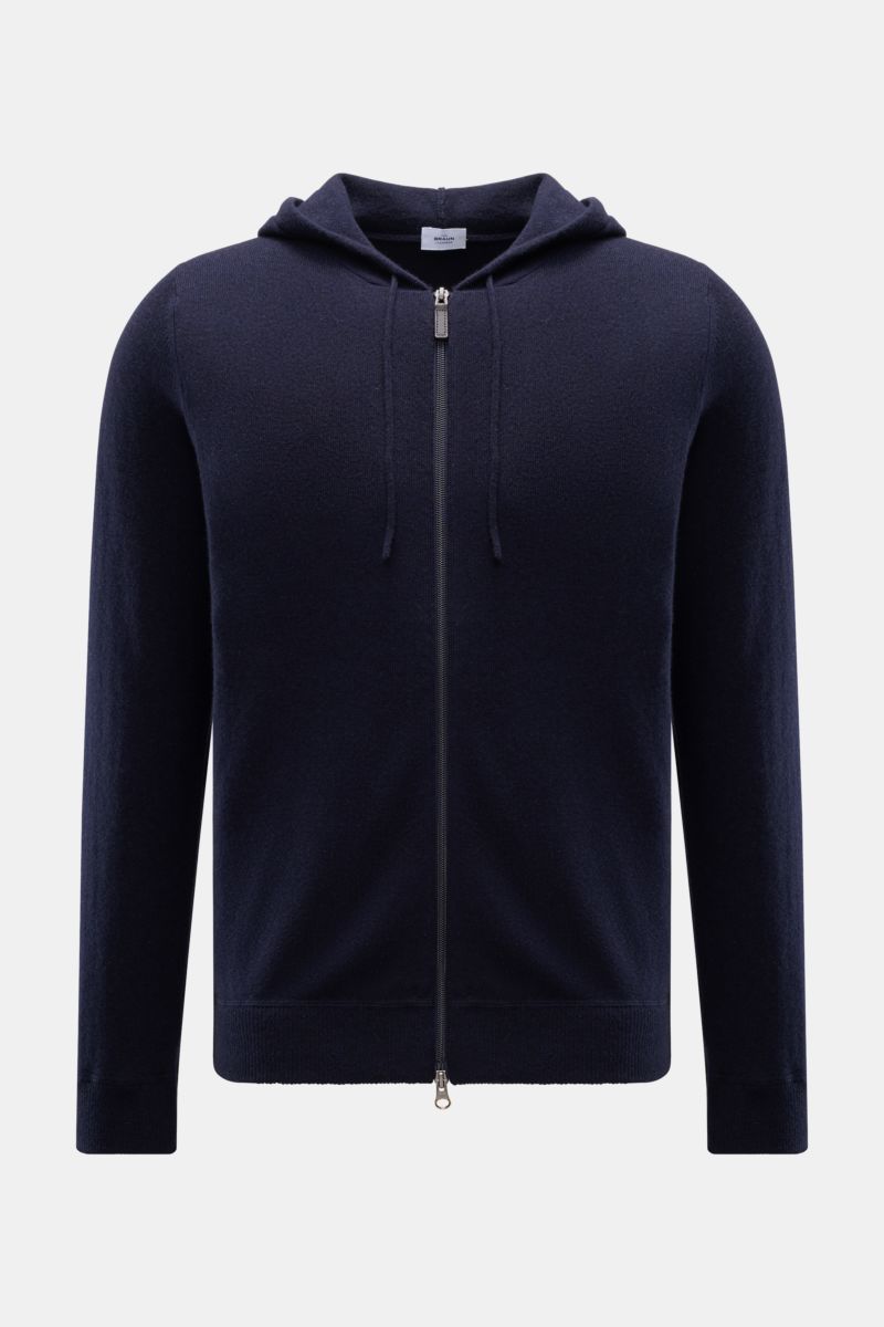 von Braun Cashmere Strickjacke navy, frontal fotografiert, Slim Fit mit Kapuze, Zwei-Wege-Reißverschluss, reiner, weicher Cashmere, feines Strickbild, Rippbündchen.