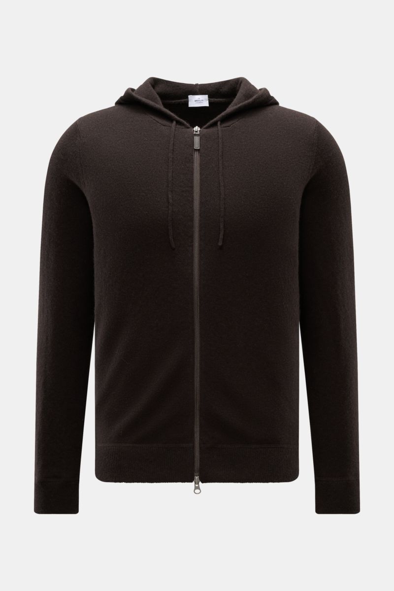 von Braun Cashmere Strickjacke dunkelbraun, frontale Ansicht, mit Kapuze, Tunnelzug, Zwei-Wege-Reißverschluss, Slim Fit, weichem Griff, feinem Strickbild, Rippbündchen, reiner mongolischer Cashmere.