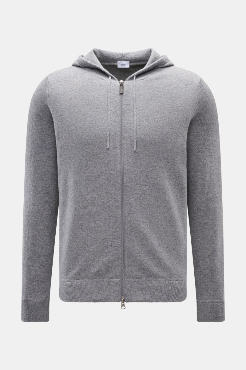 von Braun Cashmere Strickjacke grau meliert, Slim Fit mit Kapuze, Tunnelzug, Zwei-Wege-Reißverschluss, weicher Griff, feines Strickbild, frontal fotografiert.