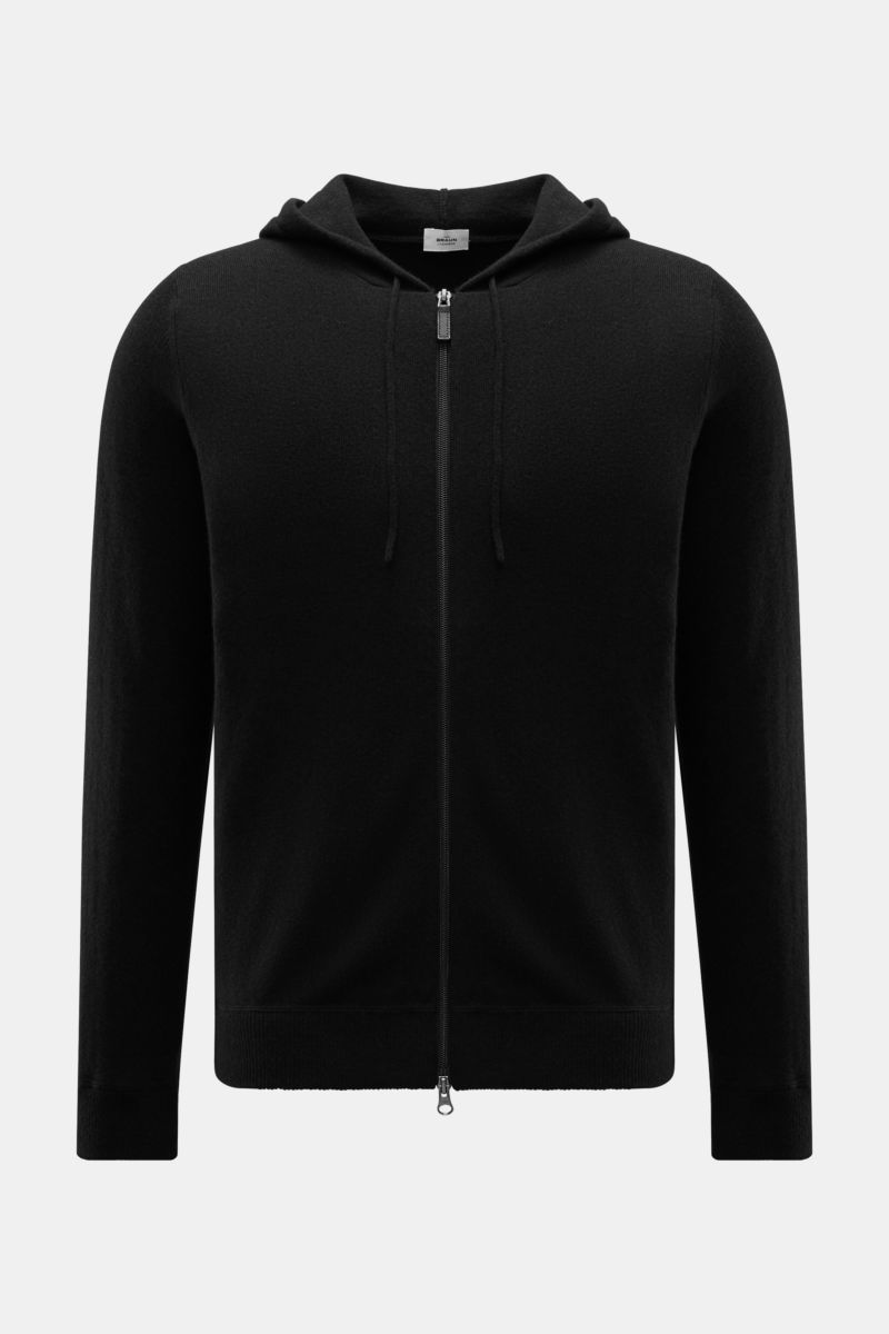 von Braun Cashmere Strickjacke schwarz, frontal mit Kapuze, Tunnelzug, Zwei-Wege-Reißverschluss, Slim Fit, reiner Cashmere, weicher Griff, feines Strickbild, Rippbündchen, sportive Basics für Winter.