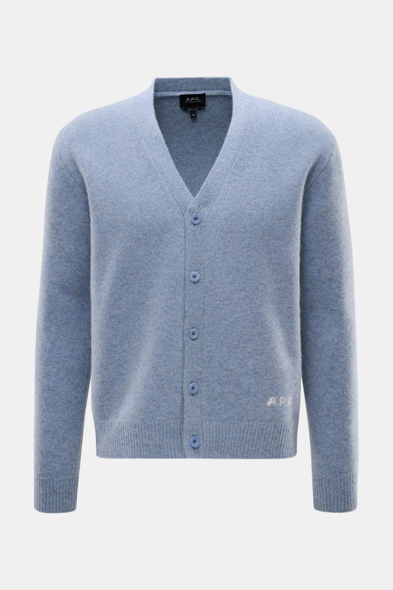 A.P.C. Cardigan 'Kevin' rauchblau meliert aus reiner Wolle, Regular Fit, mit V-Ausschnitt, Knopfleiste, Rippbündchen, frontal fotografiert.