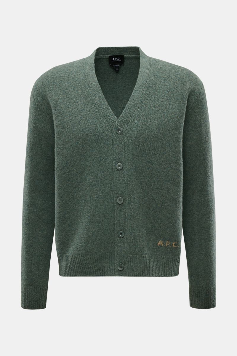A.P.C. Cardigan 'Kevin' graugrün meliert, aus reiner Wolle, Regular Fit, mit Rundhalsausschnitt, Knopfleiste und Rippbündchen, Frontalansicht.