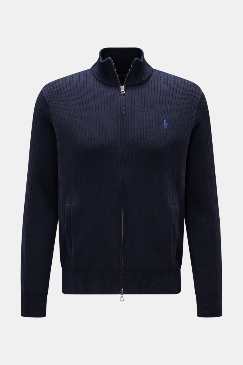 Polo Ralph Lauren Strickjacke navy meliert, frontale Nahaufnahme, reine Baumwolle, feines Rippstrick-Design, Stehkragen, Zwei-Wege-Reißverschluss, Leistentaschen, Regular Fit.