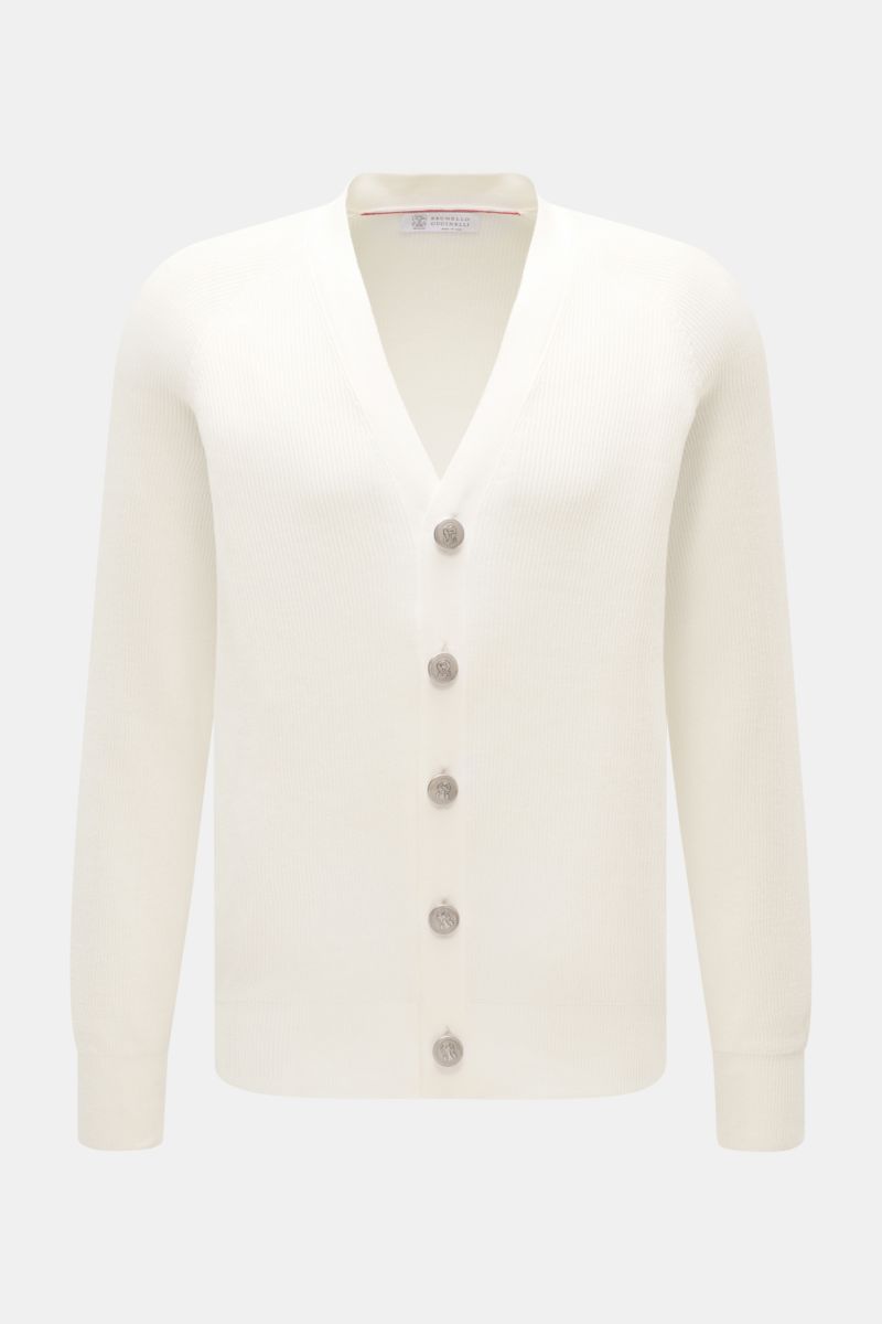 Front view of Brunello Cucinelli Cardigan off-white in soft cotton with brioche knit, five coat-of-arms buttons, regular fit.

Luxury for the office and your downtime: This cardigan in fine brioche knit in soft cotton enhanced with crest buttons by BRU
