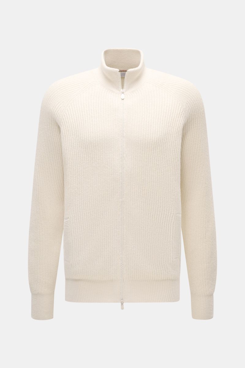 Front view of Brunello Cucinelli Cardigan cream in soft pure cotton brioche knit with a two-way zip, close-fitting collar, and pockets.

BRUNELLO CUCINELLI adds luxury to your casual wardrobe with this cardigan in brioche knit in soft cotton enhanced w