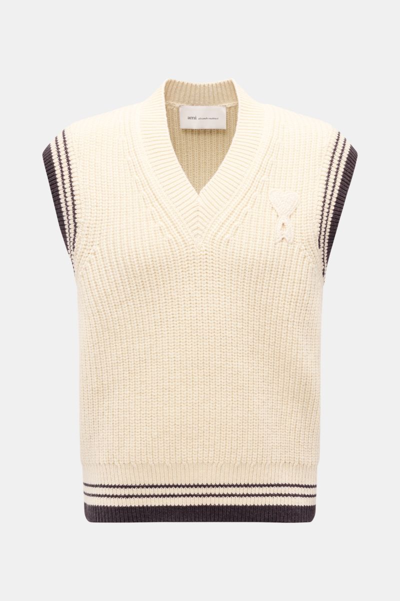 Ami Paris V-Neck Pullunder sand, grob gestrickt aus Wolle und Baumwolle, Slim Fit, V-Neck, uni mit kontrastfarbigen Rippbündchen, frontale Ansicht.