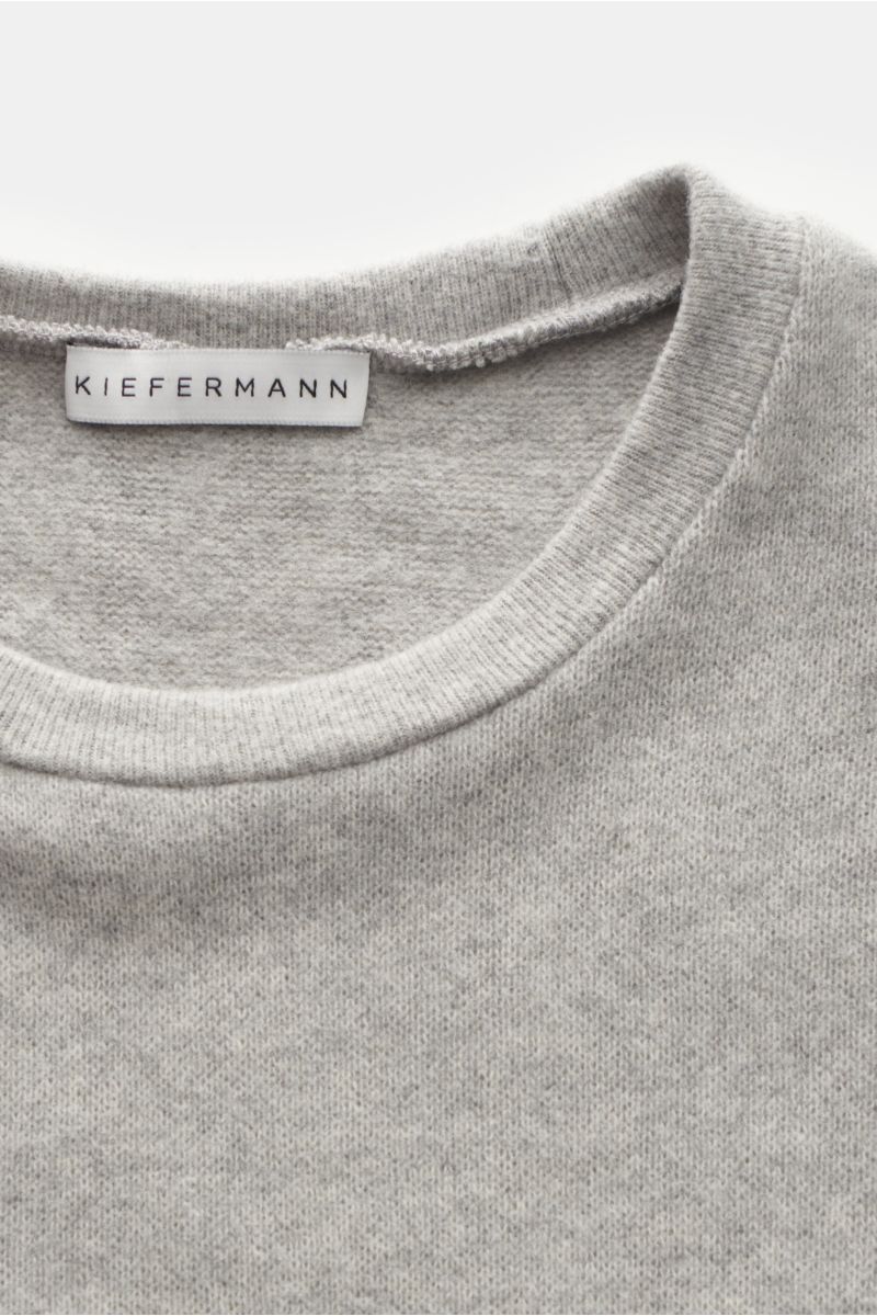 Kiefermann Crew neck sweatshirt 'Neal' light grey mottled shown from above, featuring a cotton-microfibre blend, lightweight fabric, soft feel, slim fit, crew neck, open edges, and soft interior. KIEFERMANN captures modern minimalism with this sporty hybr