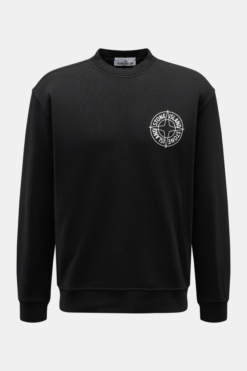 Stone Island Rundhals-Sweatshirt 'Print' schwarz, frontale Ansicht, reiner Baumwoll-Sweat, Regular Fit, weicher Griff, Logo-Print Brust/Rücken.