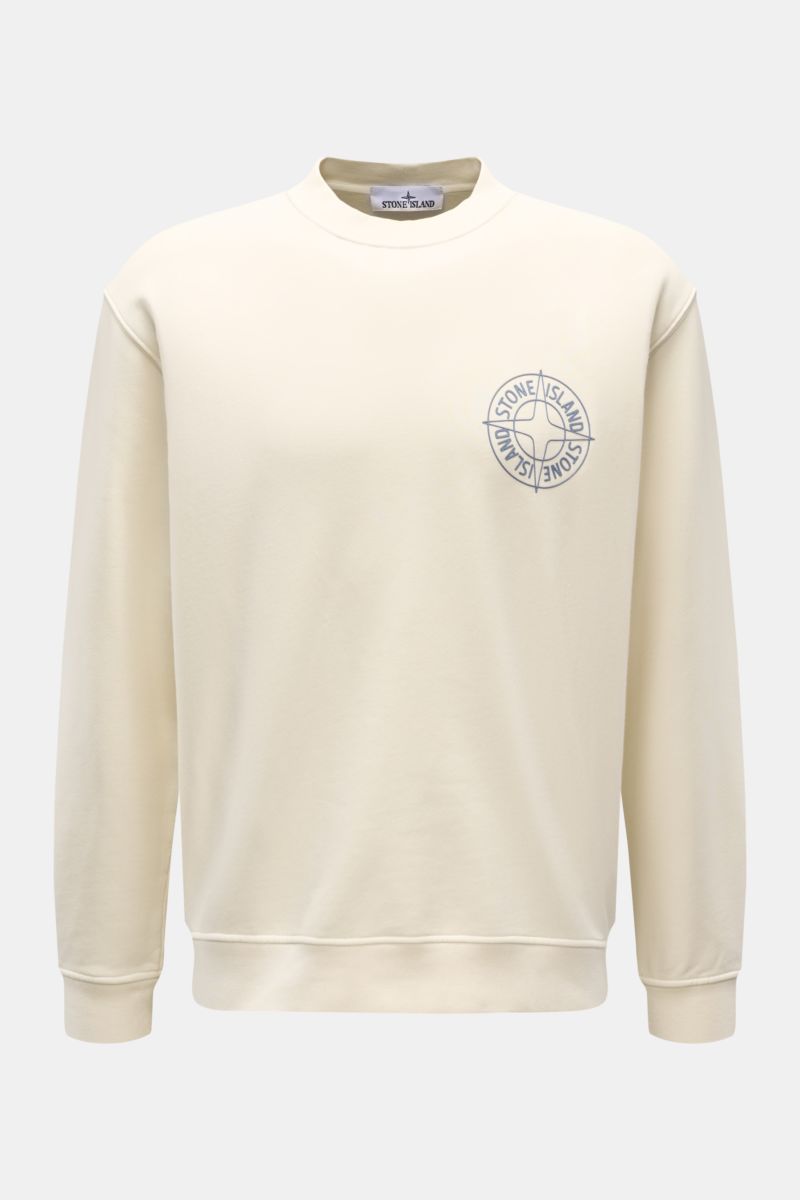 Stone Island Rundhals-Sweatshirt 'Print' creme, frontale Ansicht, Regular Fit, reiner Baumwolle, weicher Griff, mit Logo-Print auf Brust, Rippbündchen.