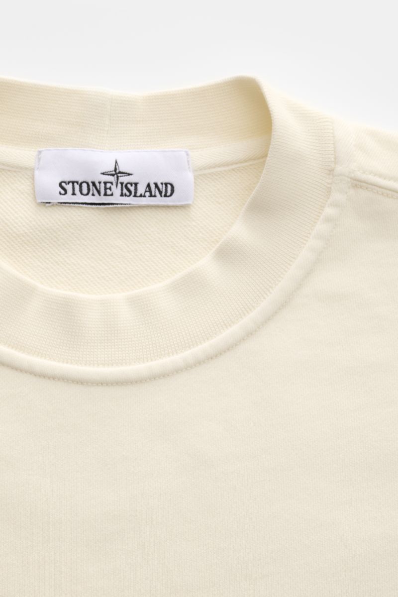 Stone Island Rundhals-Sweatshirt 'Print' creme, nah fotografiert, aus reiner Baumwolle mit weichem Griff, Regular Fit, Rippbündchen, Logo-Print.