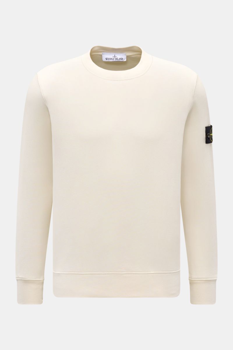 Stone Island Rundhals-Sweatshirt 'Basic Sweat' creme, frontale Nahaufnahme, Baumwolle, weicher Griff, Regular Fit, Kompass-Badge am Oberarm, Rippbündchen.