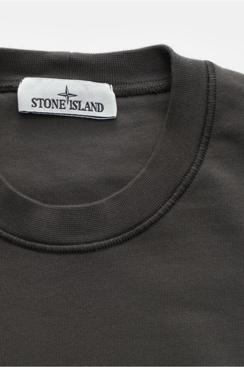 Stone Island Rundhals-Sweatshirt 'Basic Sweat' dunkelgrau, Nahaufnahme von Kragen und Label, Baumwolle, weicher Griff, Regular Fit, Rippbündchen, Kompass-Badge.