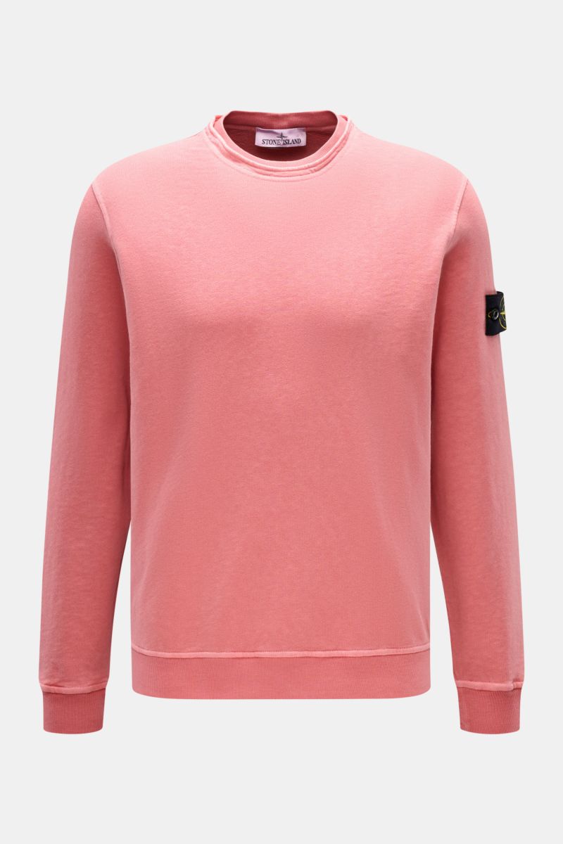 Stone Island Crew neck sweatshirt 'Washed Sweat' antique pink shown from front, pure cotton with soft feel, authentic washed effect, regular fit, crew neck with seam, compass badge on upper sleeve, and comfortable ribbed bands. STONE ISLAND’s signature pi