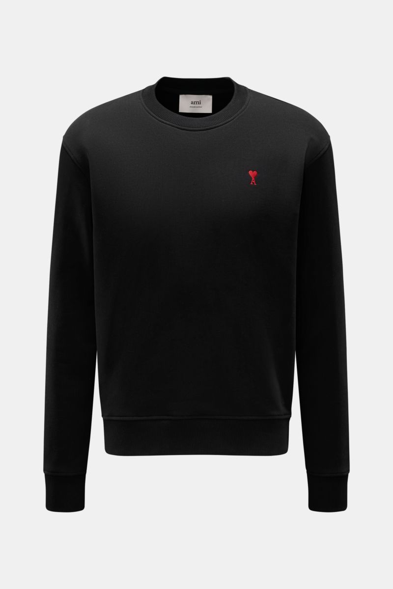Ami Paris Rundhals-Sweatshirt schwarz, frontale Ansicht, Regular Fit, reiner Baumwolle, weicher Griff, Rundhalsausschnitt, rotes Logo-Stitching, flexible Rippbündchen, komfortables Basic.