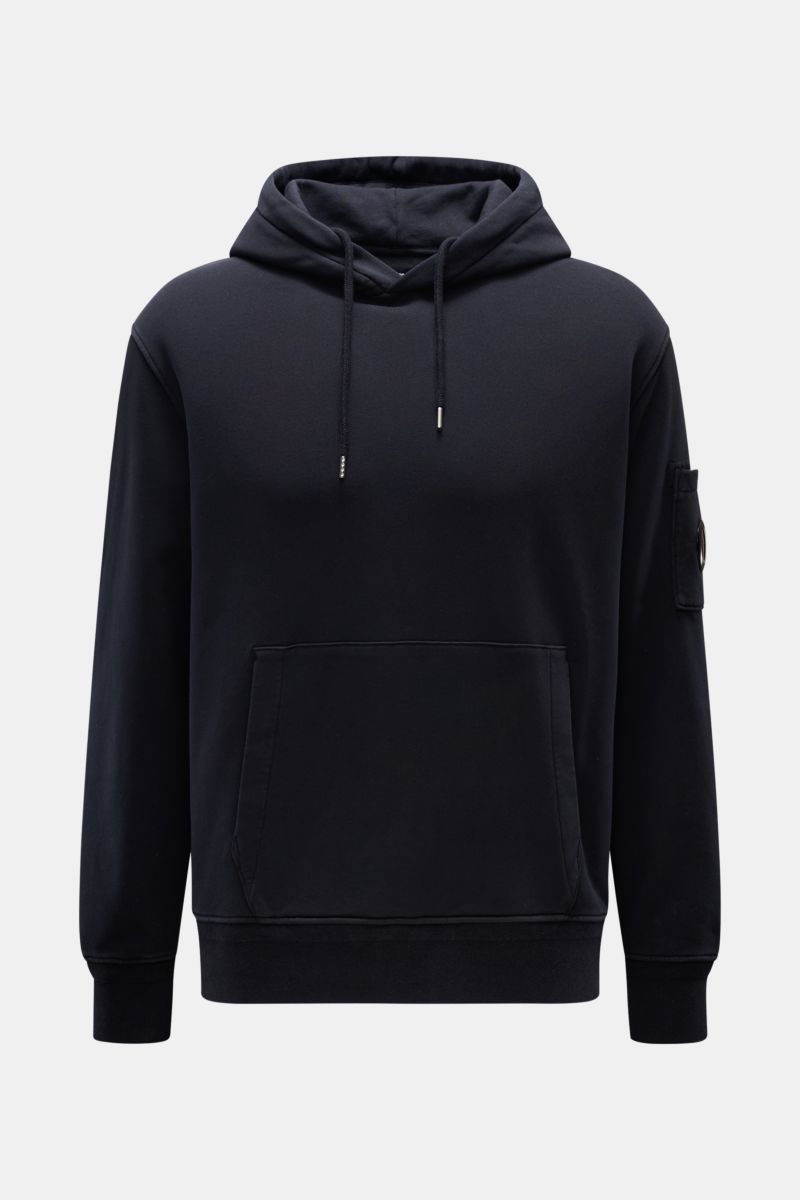Front view of C.P. Company Hooded jumper navy in lightweight pure cotton with kangaroo pocket, hood, sleeve pocket with lens detail, and ribbed cuffs.