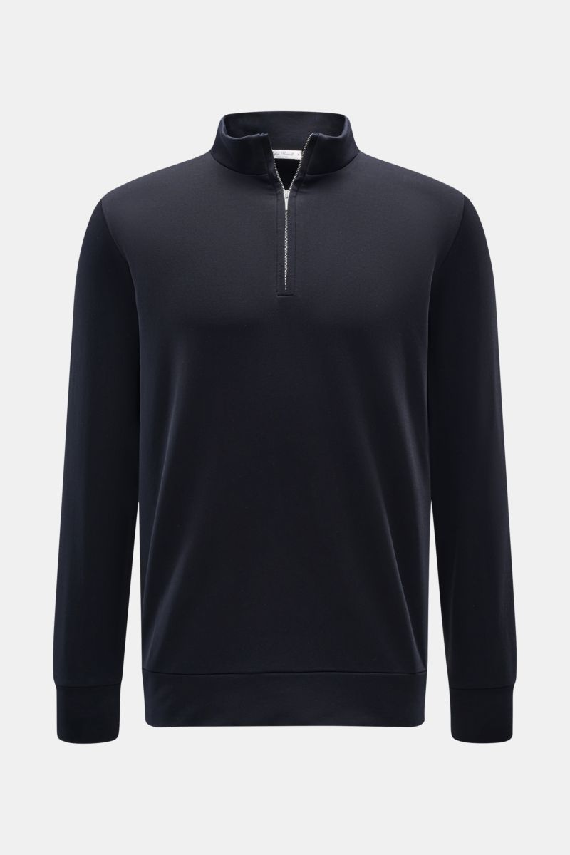 Front view of Stefan Brandt Sweat-Troyer 'Joar' navy, made of pure Pima cotton with a soft, smooth feel, regular fit, high collar with zipper, and comfortable cuffs. Luxus, den man spürt: Selbst ein Basic wie der Sweat-Troyer 'Joar' wird bei 