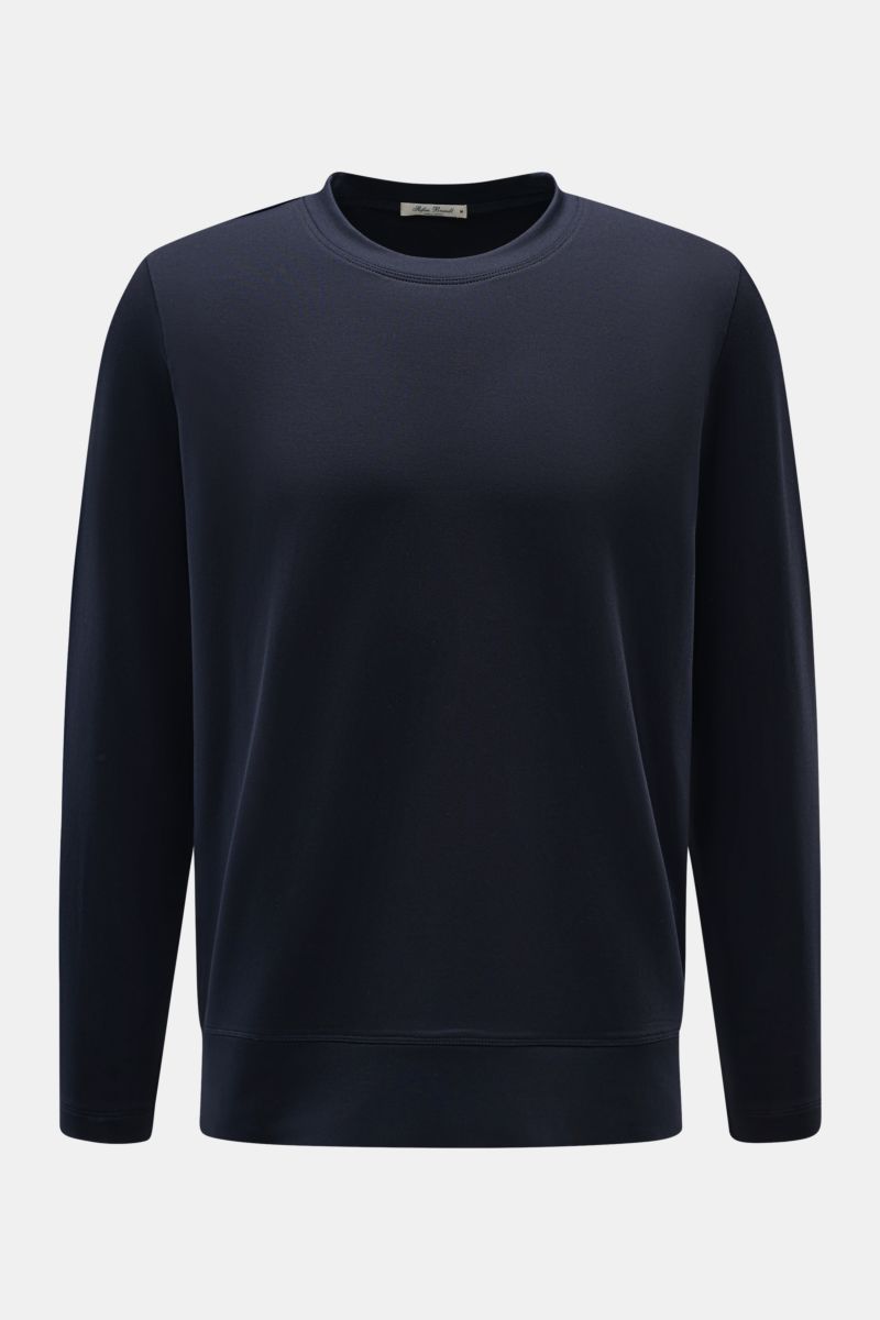 Front view of Stefan Brandt Sweatshirt 'Edwin' navy, a simple, navy blue crewneck sweatshirt made of pure Pima cotton with a soft, smooth feel, regular fit, and comfortable cuffs, showcasing luxury comfort and quality. Luxus, den man spürt: Selbst ein 