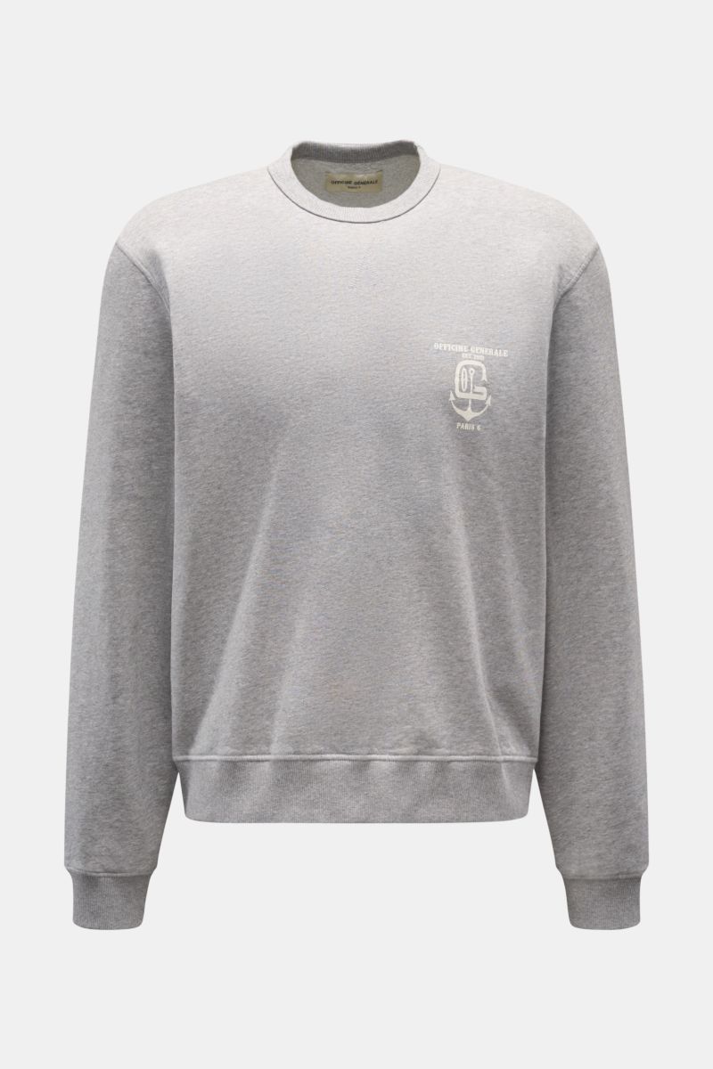Officine Générale Sweatshirt 'Darius' grey mottled shown from the front, pure cotton with soft interior, crew neck, regular fit, ribbed bands. A luxurious basic: The sweatshirt 'Darius' in pure cotton with brushed, soft inside by OFFICINE GÉNÉRALE offers 