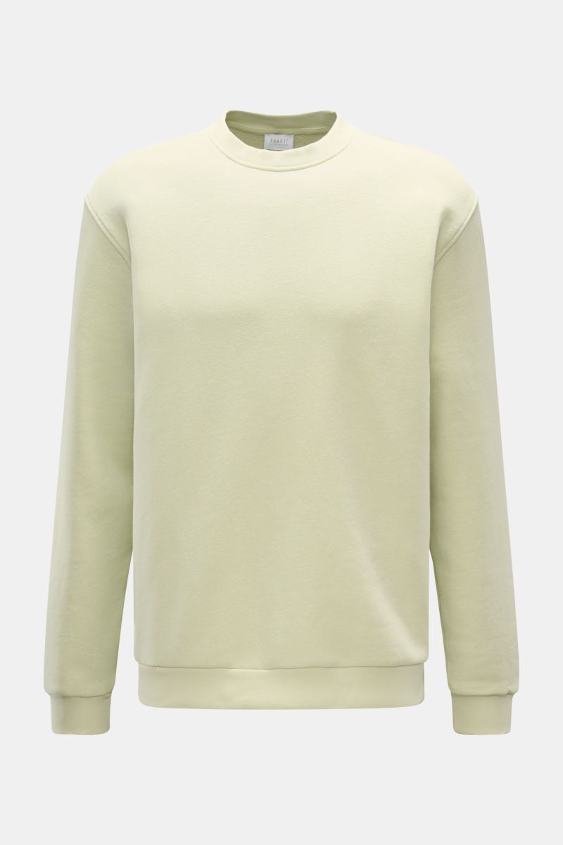 04651/ A trip in a bag Rundhals-Sweatshirt 'CL Crew' pastellgrün, frontale Ansicht, Baumwoll-Leinen-Mix, Regular Fit, weicher Griff, Rundhalsausschnitt, elastische Rippbündchen.