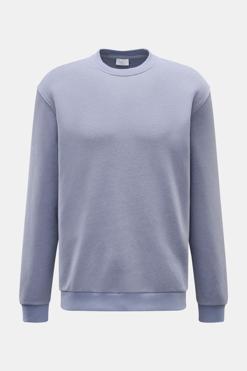 Frontale Nahaufnahme des 04651/ A trip in a bag Rundhals-Sweatshirt 'CL Crew' lavender meliert, Regular Fit, Baumwoll-Leinen-Mix, weicher Griff, elastische Rippbündchen.