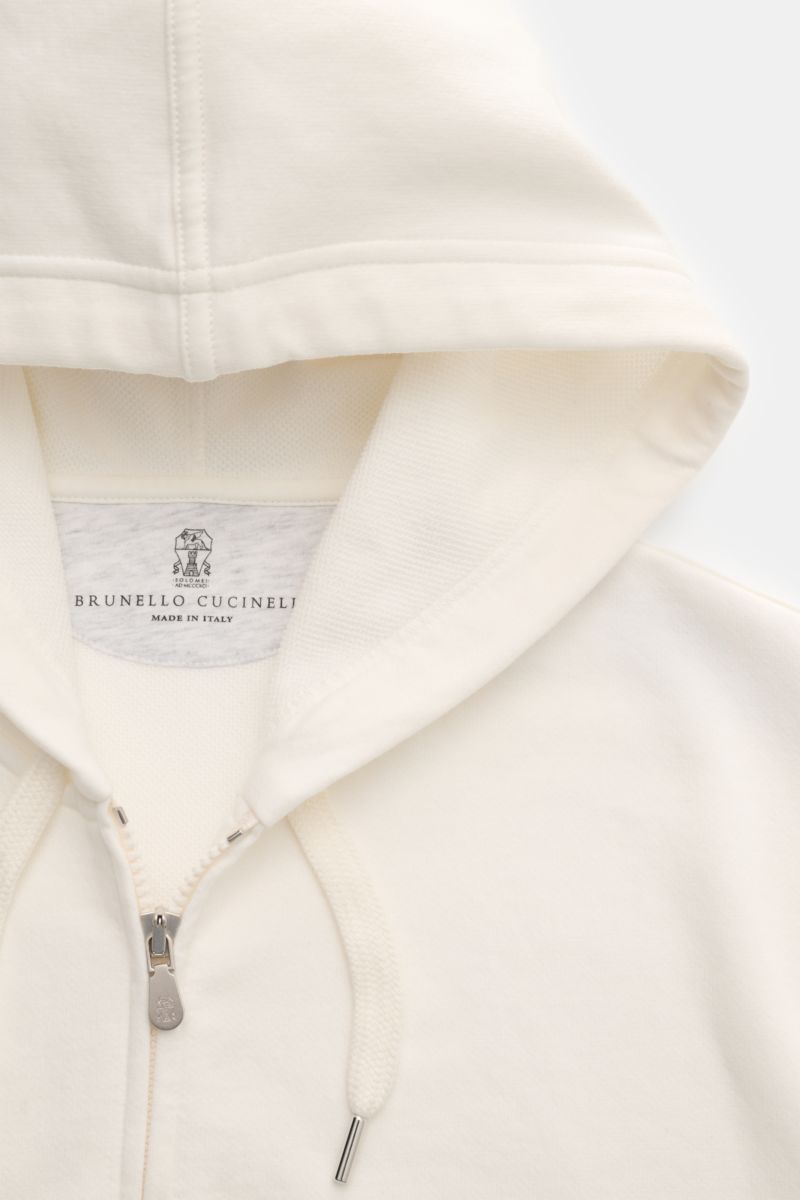 Brunello Cucinelli Sweatjacke hellgrau, Detailaufnahme von oben mit Kapuze, Baumwoll-Jersey, weichem Griff, Stretch, Tunnelzug, Reißverschluss.