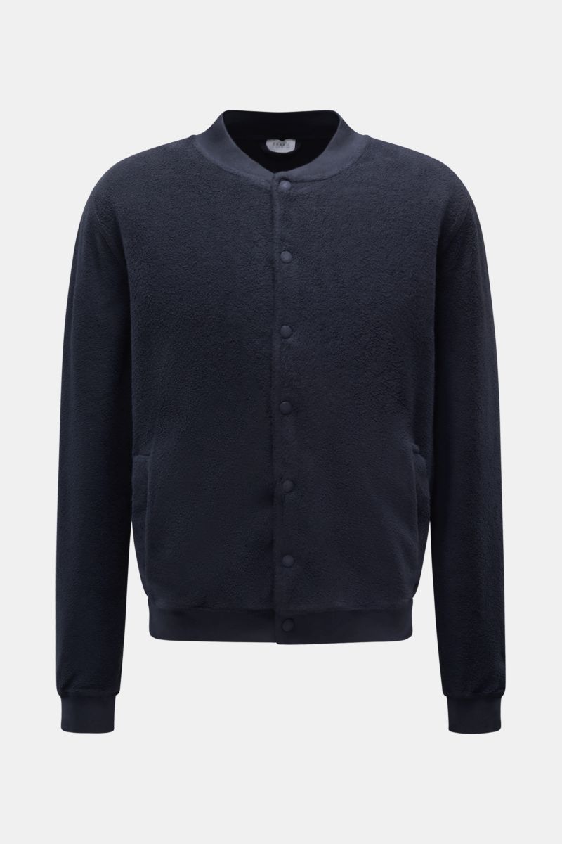 Front view of 04651/ A trip in a bag Fleece blouson navy, pure cotton fleece with soft feel, slim fit, snap button placket, signature rib knit blouson collar, angled hip pockets, comfortable ribbed bands, and woven label in side seam.