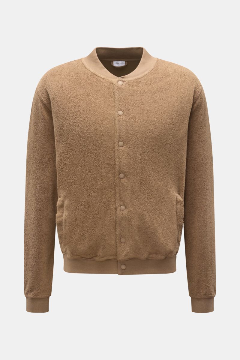 Front view of 04651/ A trip in a bag Fleece blouson taupe, pure cotton fleece, soft feel, slim fit, snap button placket, signature rib knit blouson collar, angled hip pockets, comfortable ribbed bands, woven label in side seam.