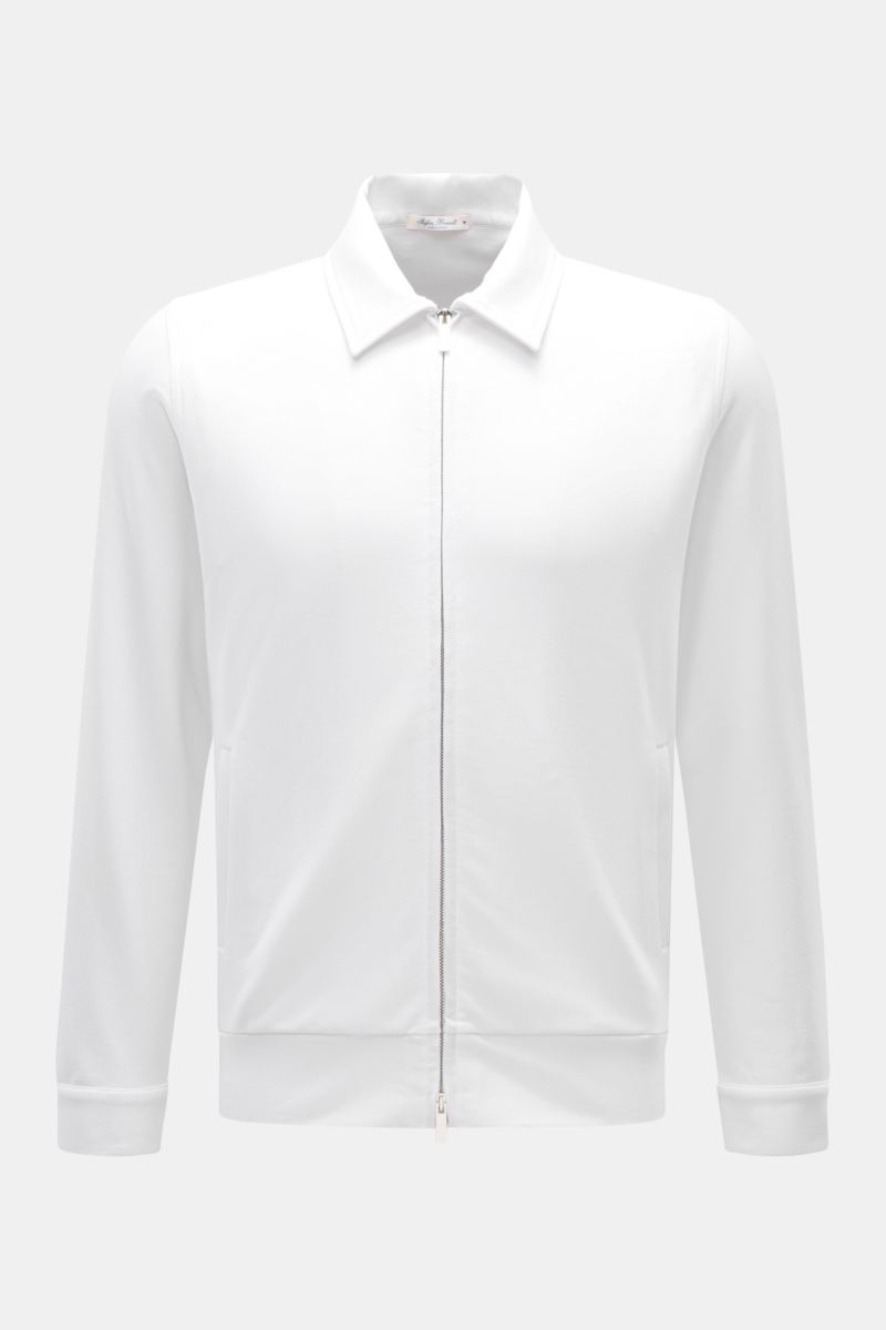Front view of Stefan Brandt Sweatjacke 'Alek' weiß, a slim fit white sweatshirt jacket made from pure Pima cotton with stretch, featuring a silver two-way zipper, turn-down collar, slanted welt pockets, cuffed sleeves, and wide flexible hem cuffs for supe