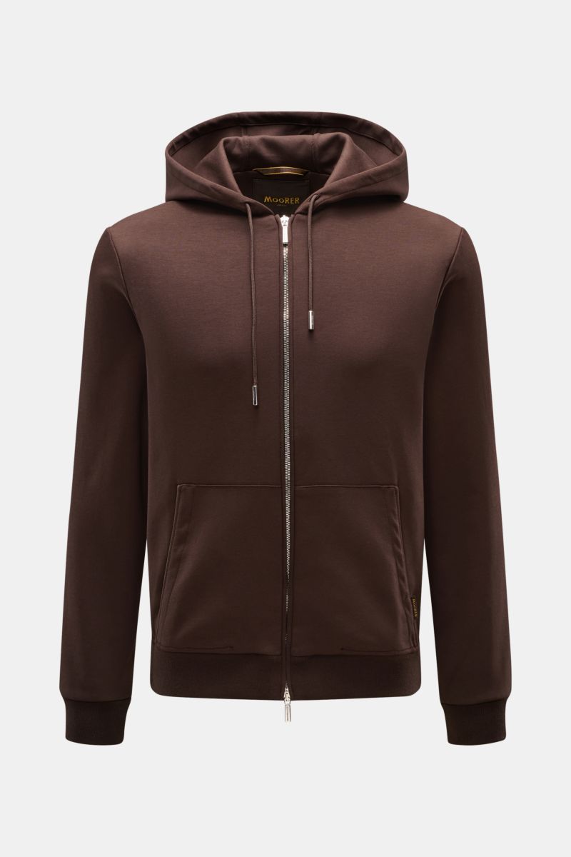 Front view of Moorer Sweat jacket 'Matthew Felpa' dark brown, sporty luxury double-sided knit with two-way zip, drawstring hood, split kangaroo pocket with leather jetted, and ribbed bands, made of viscose and microfibre blend, slim fit, soft feel, and ve