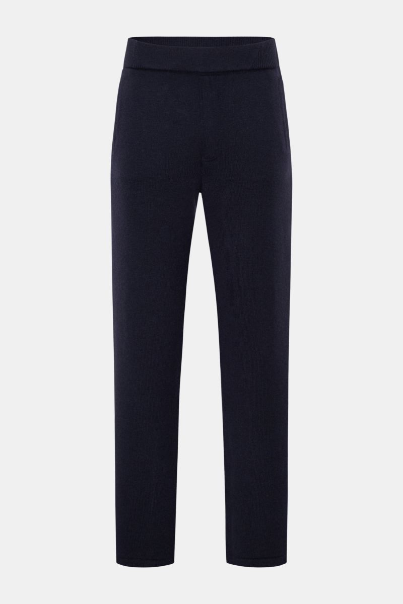 Frontansicht der von Braun Cashmere Jogpants navy aus weichem, mongolischem Cashmere mit geradem Schnitt, elastischem Bund und Taschen.