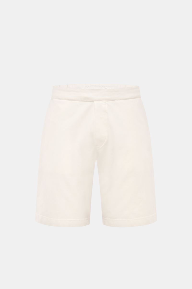 Front view of 04651/ A trip in a bag Sweat shorts off-white in stretch cotton with elastic waistband, drawstring, faux fly, and pockets.

Relaxation all day long: These sweat shorts by 04651/ A TRIP IN A BAG, made from stretch cotton, are soft to the t