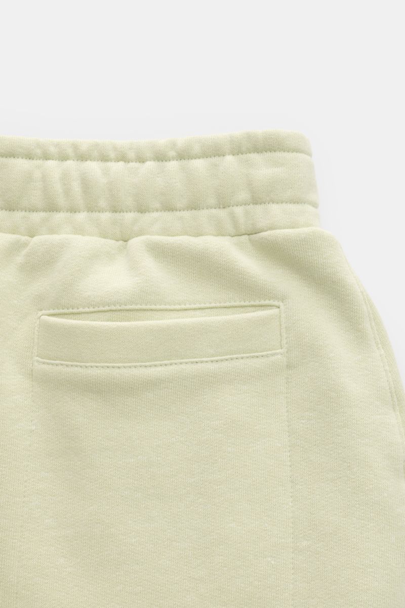 04651/ A trip in a bag Sweat-Shorts 'CL' pastellgrün, Detailrückansicht elastischer Bund, Leistentasche aus Bio-Baumwolle und Leinen.