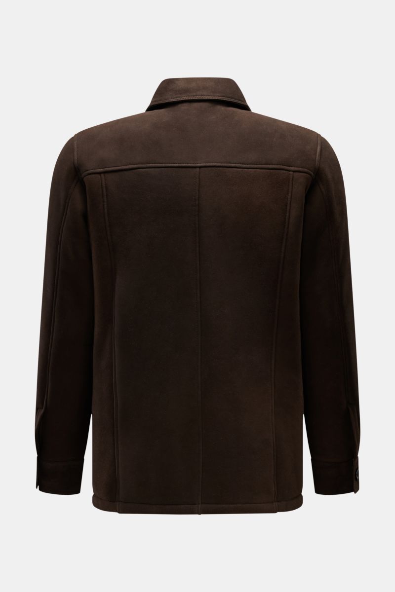Back view of Rifugio Shearling jacket dark brown, smooth suede with shearling interior, soft feel, slim fit, six-button placket, turn-down collar, patch breast pockets with flap, sleeves with cuffs and button.